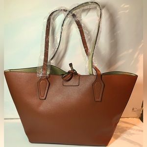 NEW 👜 Faux Leather Shopper Tote, Outer Color Warm Brown, metallic gold inside!